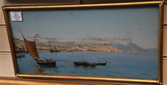 Vincenzo Loria (1849-1939) Fishing boats in the bay of Naples 9.5 x 19.5in.